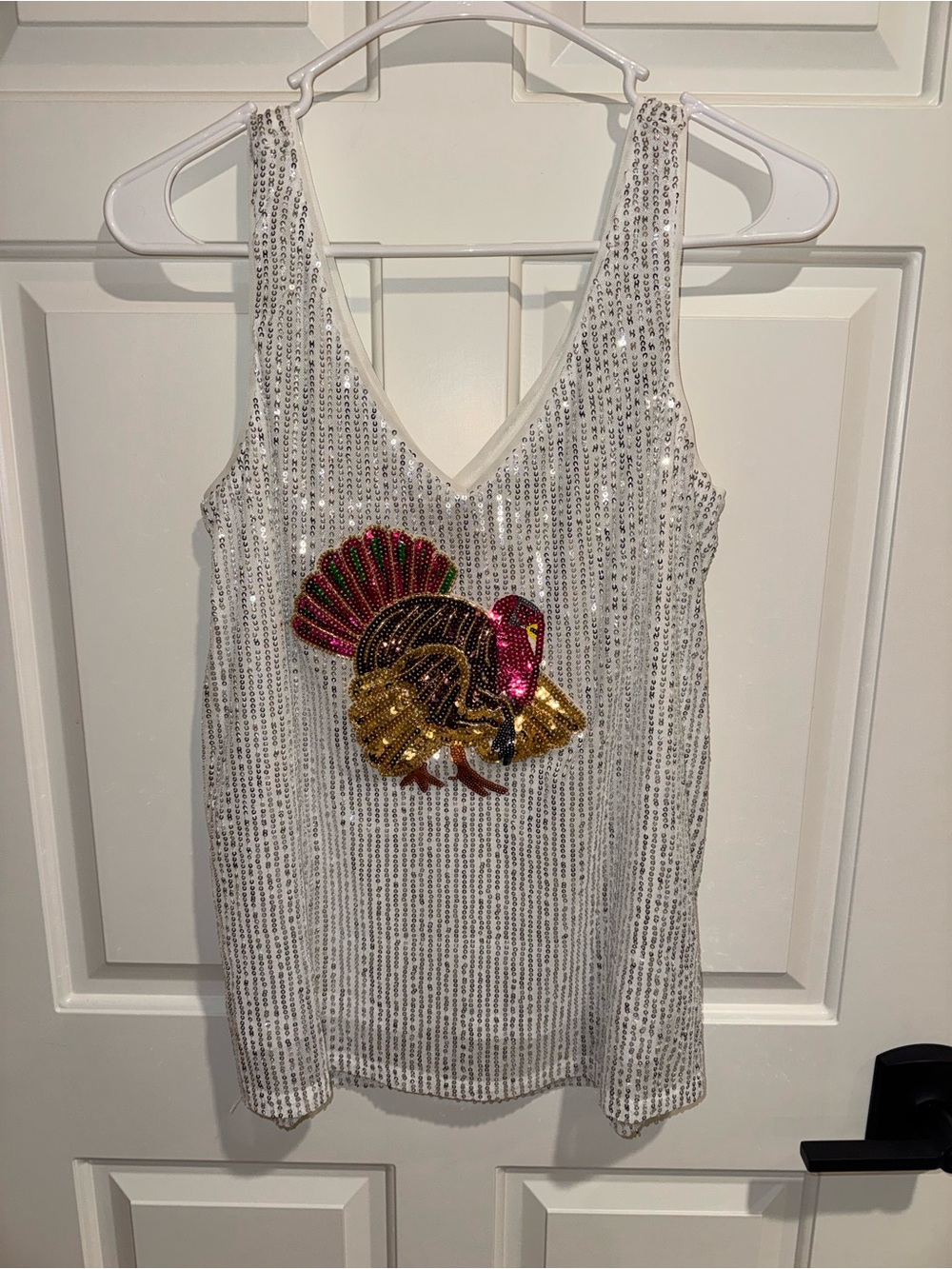 Judith March White Sequin Tank with Multi-Color Beaded Turkey Motif